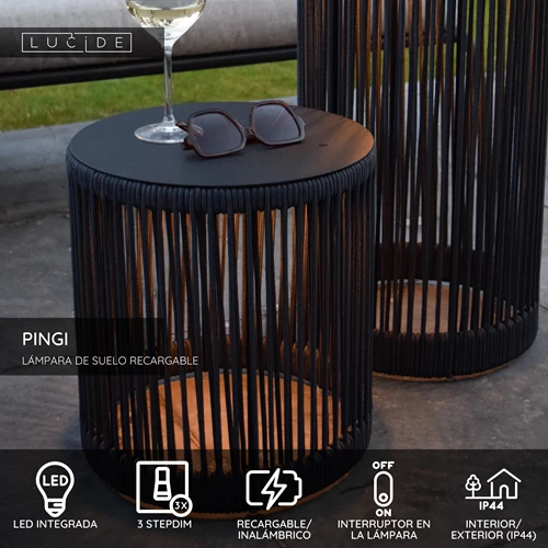 Lucide PINGI - Lámpara de suelo Recargable Dentro/Fuera - Batería/acumulador - Ø 33,5 cm - LED 3 StepDim - 1x3W 3000K - IP44 - Negro - USP